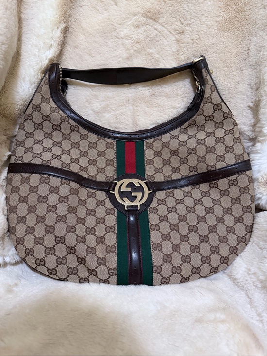 Gucci Handbags - Gucci Beige GG Canvas Hobo with Green and Red Web Stripe
